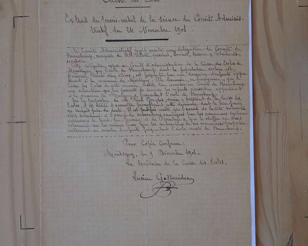 Extrait du procès-verbal de la séance du 24/11/1901 du Comité d'administration de la caisse des écoles de Montigny
