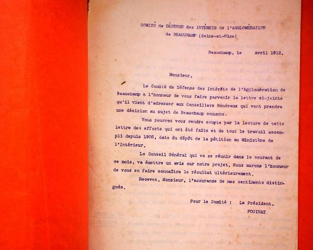 Lettre du Comité avant la décision du Conseil général sur la création de la commune de Beauchamp