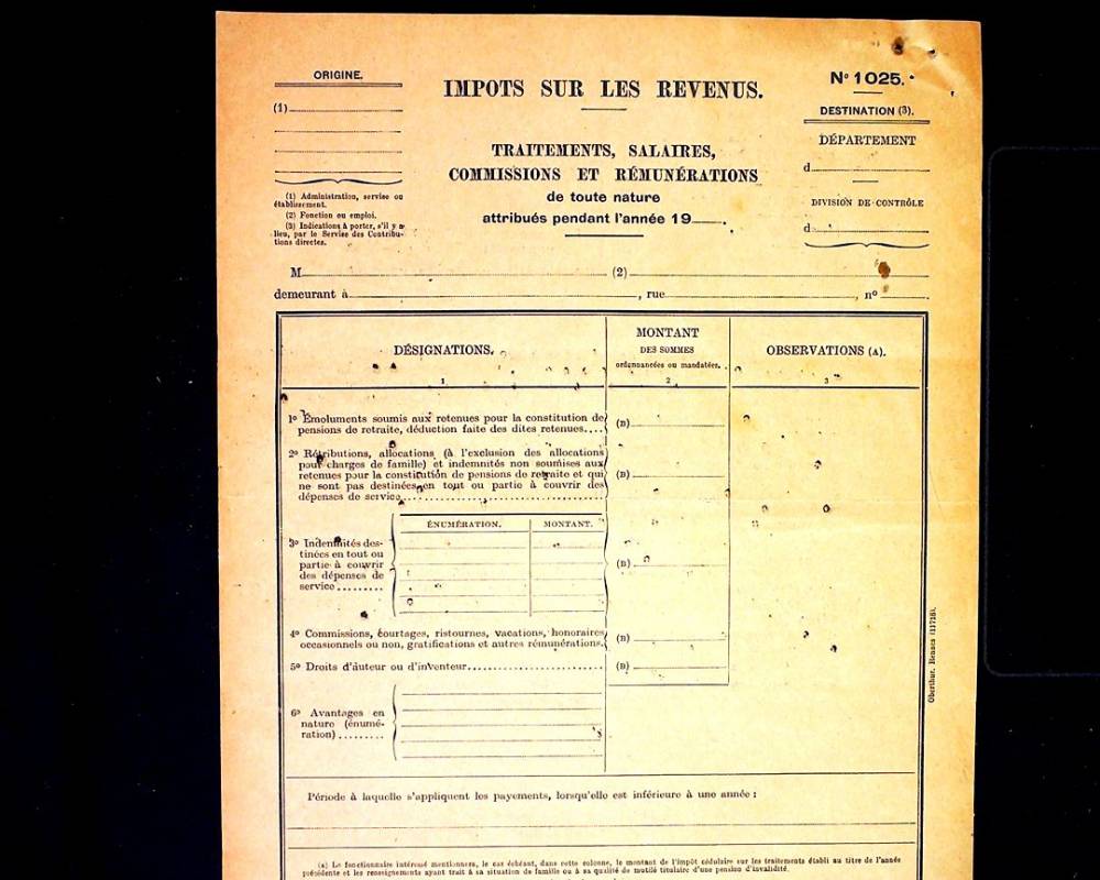 Formulaire de déclaration pour l'impôt sur les revenus, vers 1945