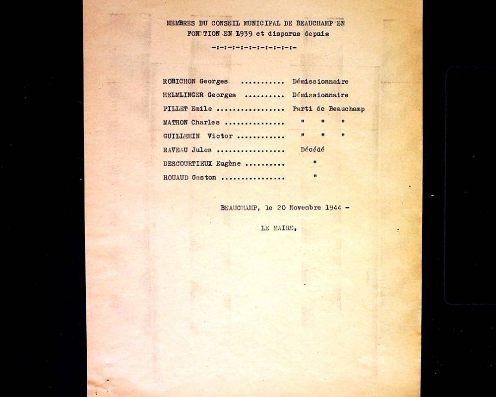 Conseil municipal de Beauchamp en fonction au  1er septembre 1939